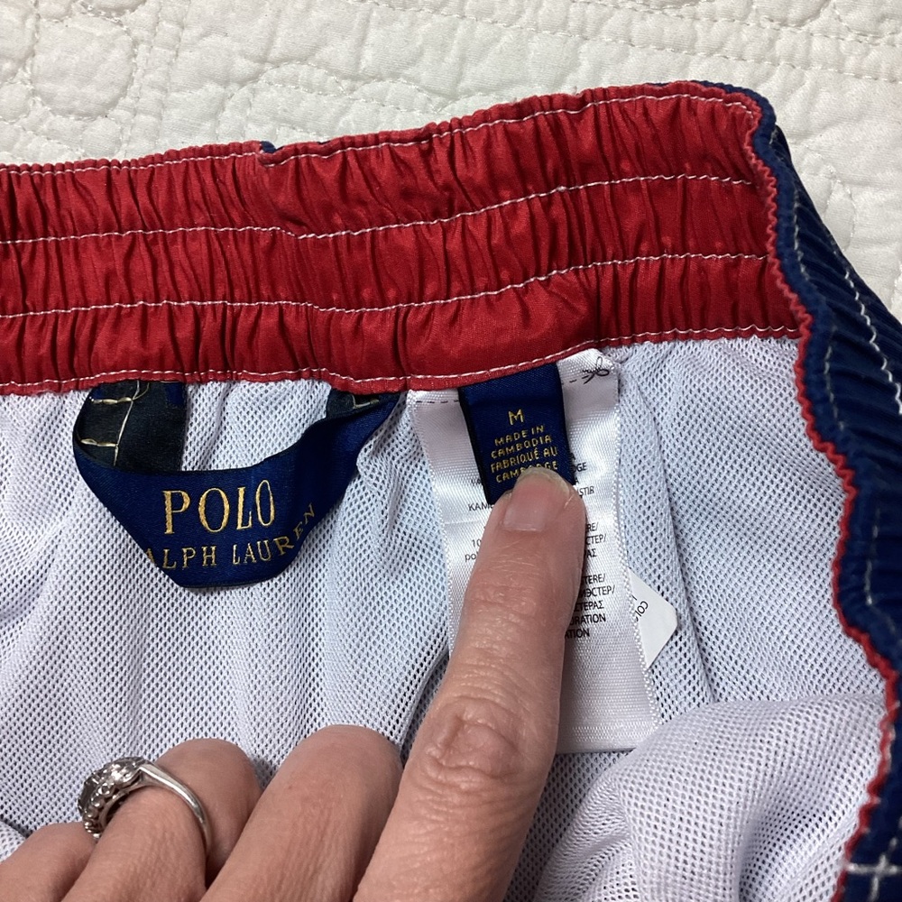 Polo Ralph Lauren Mens Ombre Swim Trunks Size M Red White Blue Tie Pockets Lined - Picture 15 of 15